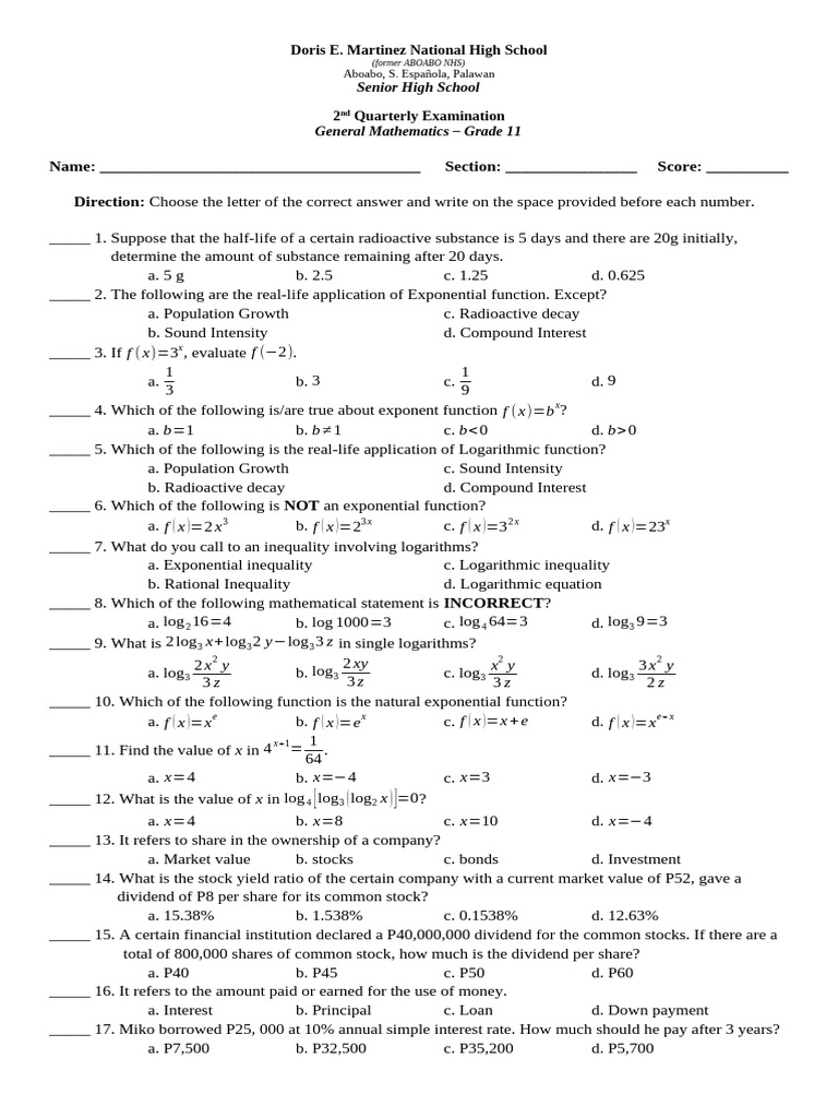 Gen math 2nd quarter exam pdf interest exponential function