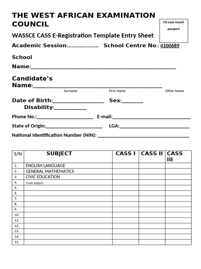 WAEC CASS E-Registration Template | PDF | Social Science | Law