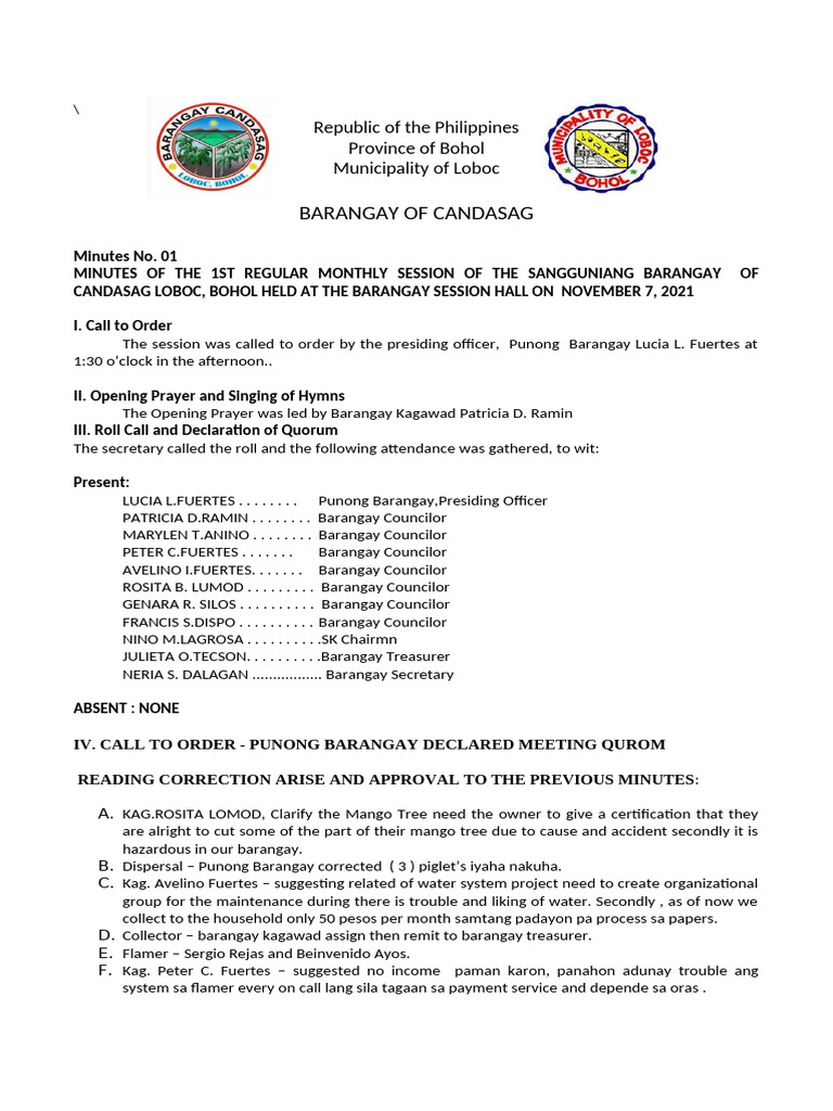 Minutes of Candasag Barangay Session | PDF