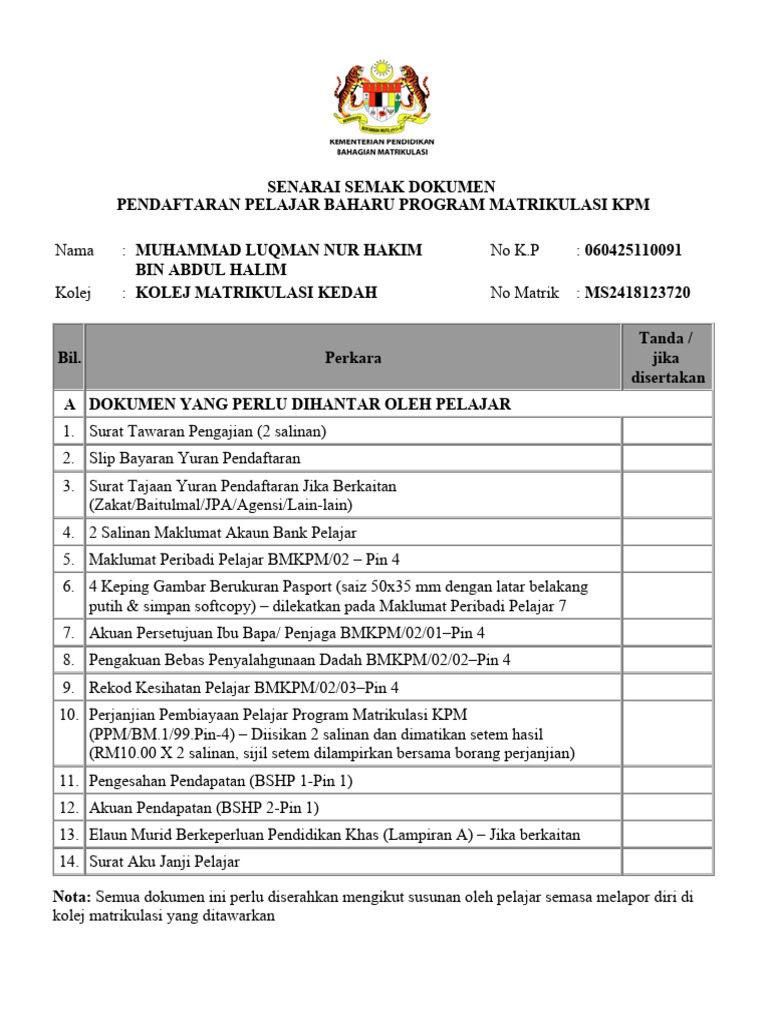 Senarai Semak Dokumen | PDF