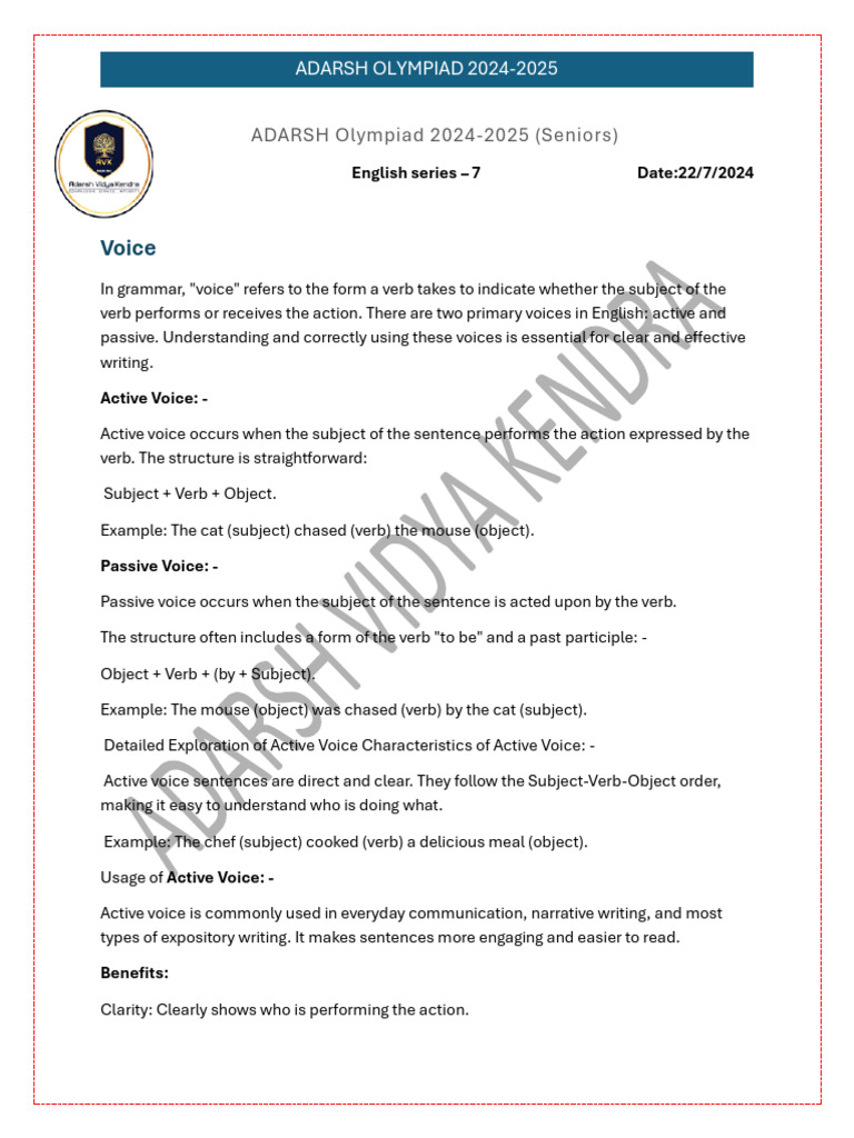 Adarsh olympiad seniors series 7 pdf verb subject grammar 