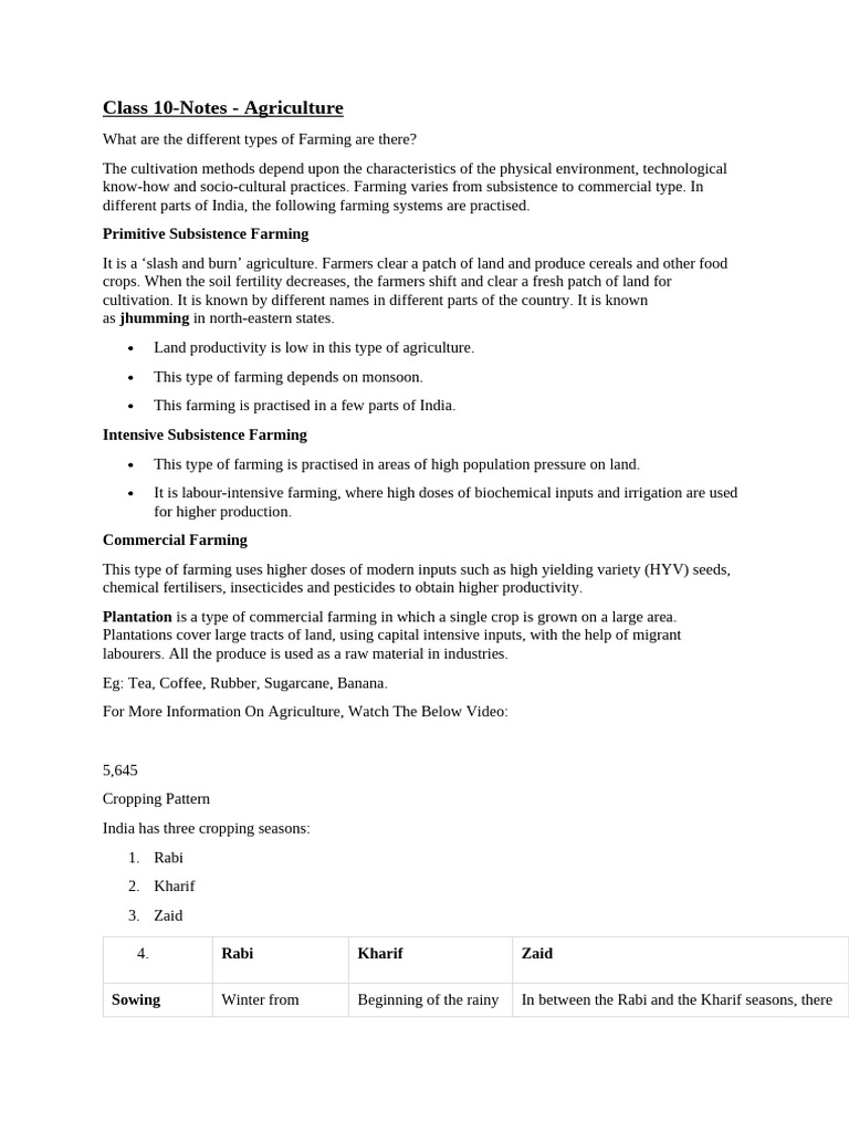 Class 10 Agriculture Notes Overview | PDF | Agriculture | Crops