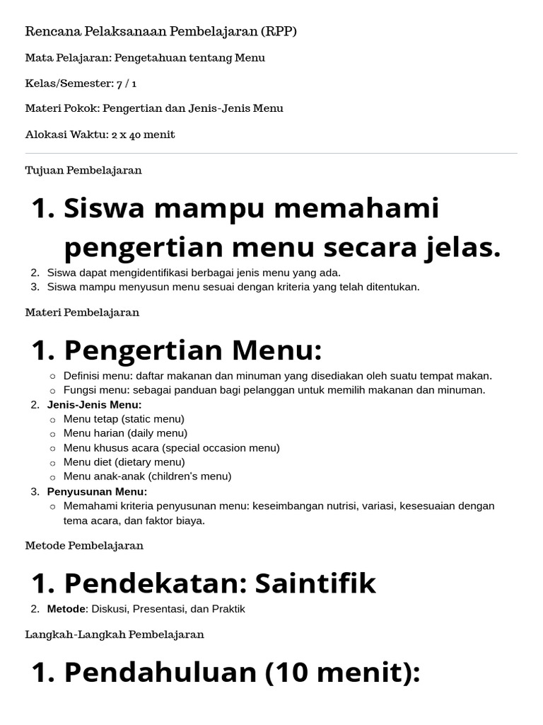 Rencana Pelaksanaan Pembelajaran (RPP) Pengetahuan Tentang Menu | PDF