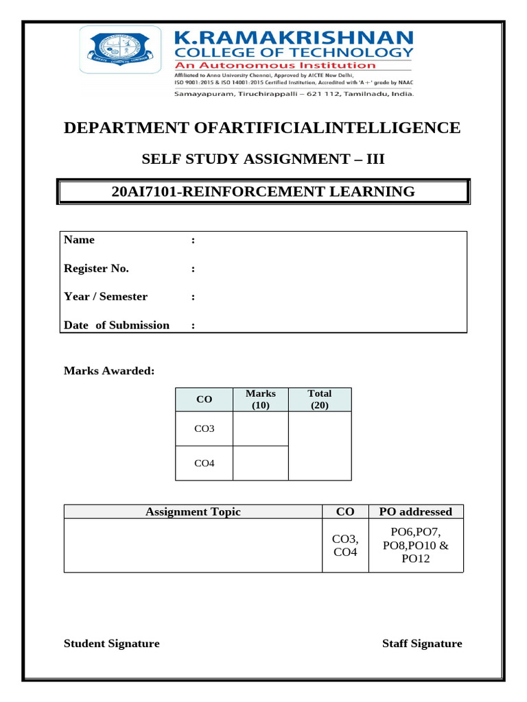 Reinforcement Learning Self Study Assignment | PDF
