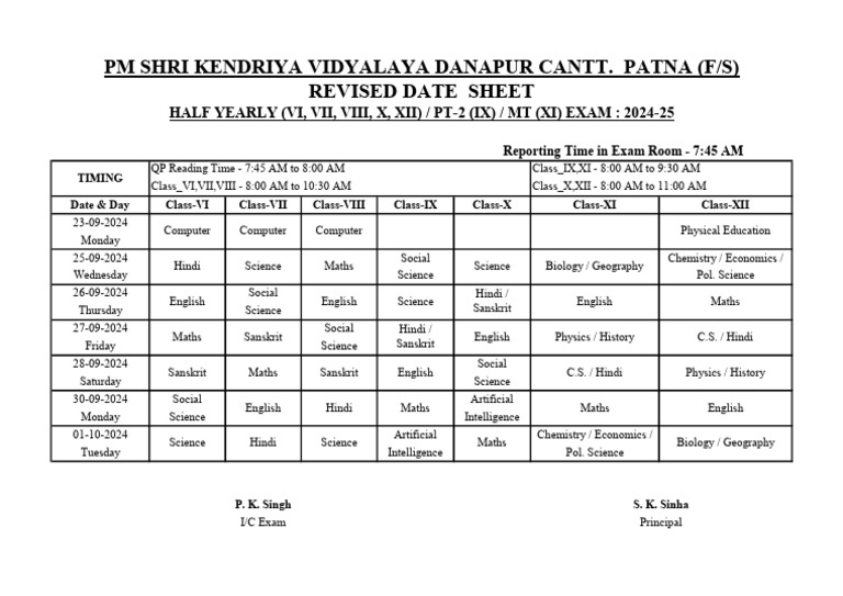2024-25 Half Yearly Exam Schedule | PDF