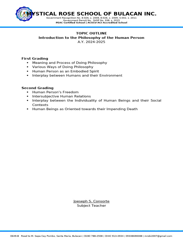 Philosophy of the Human Person Course Outline | PDF