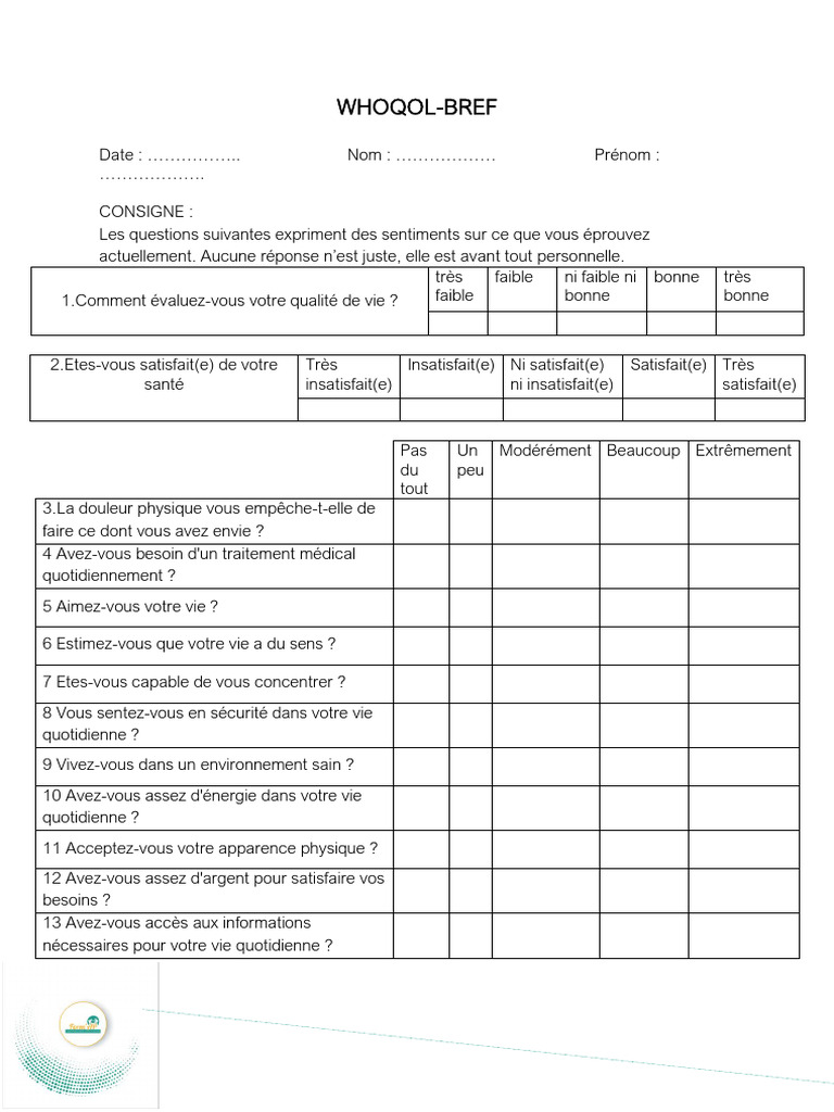 Questionnaire WHOQOL-BREF sur la qualité de vie | PDF | Dépression ...