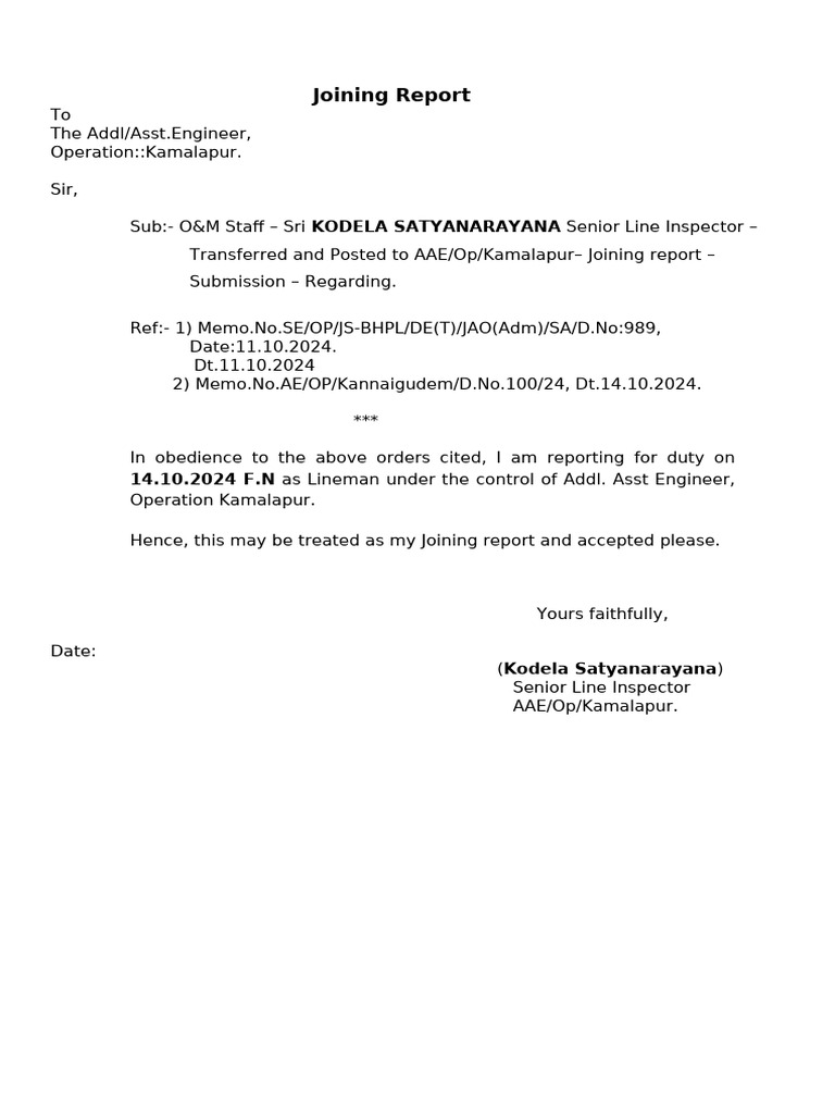 Joining Report: Kodela Satyanarayana | PDF