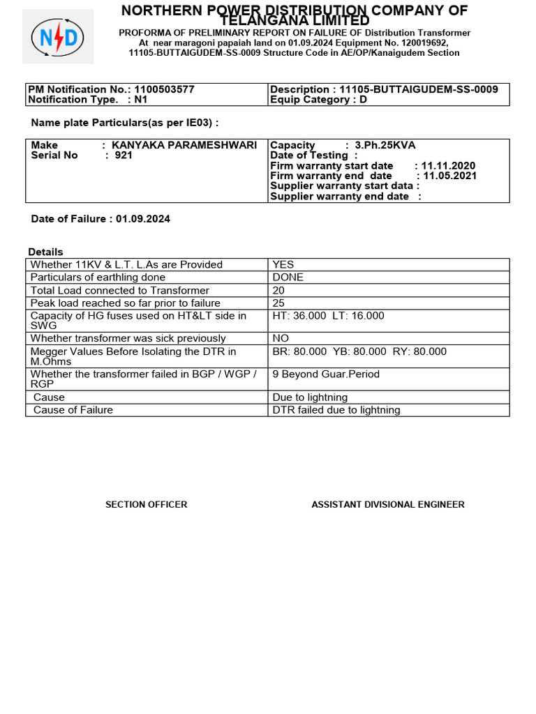 Transformer Failure Report - Lightning | PDF | Technology & Engineering