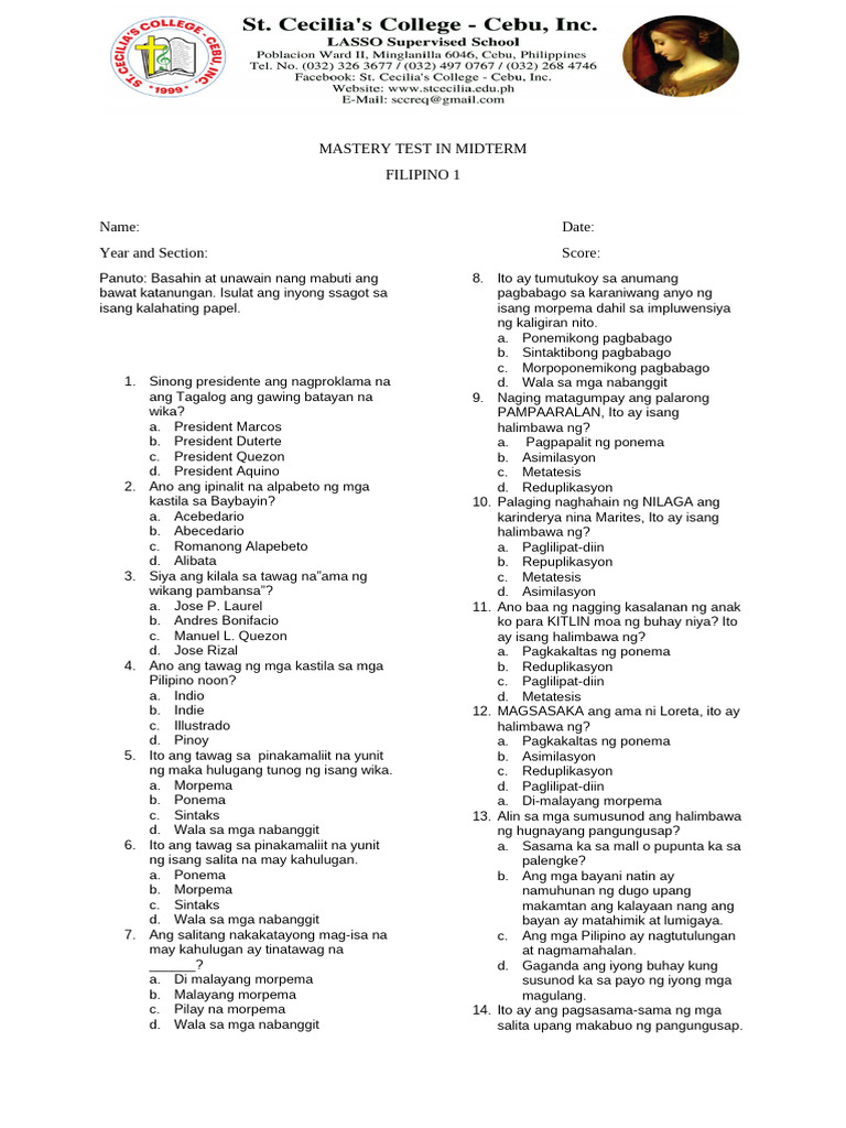 Mastery Test in Midterm Fil 1 | PDF