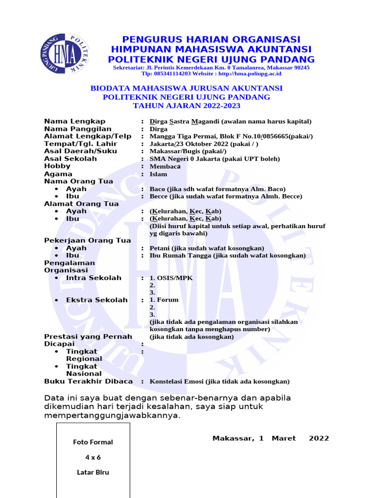 Contoh Penulisan Format Biodata Pdf