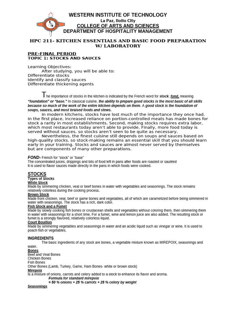 HPC 211 Lecture Topic 1 PREFI 3 2 | PDF | Stock (Food) | Sauce