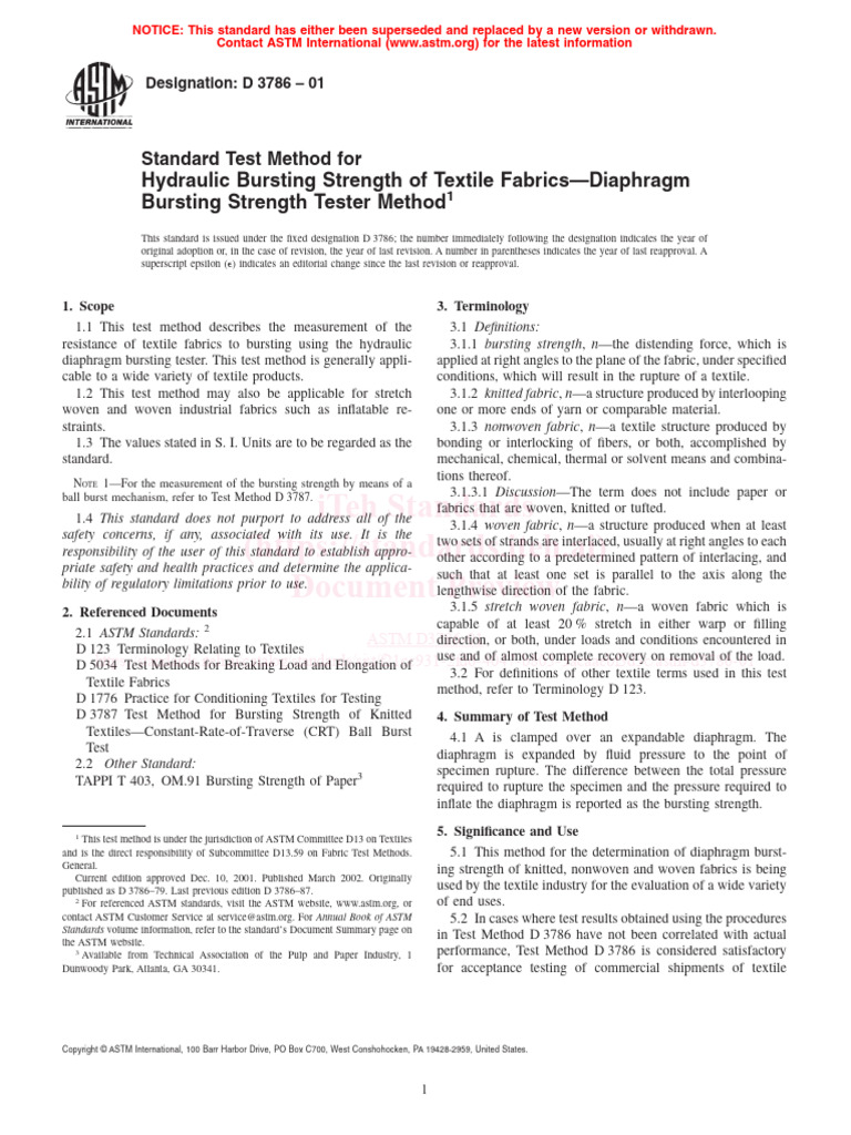 Astm D3786 01 Pdf Textiles Materials