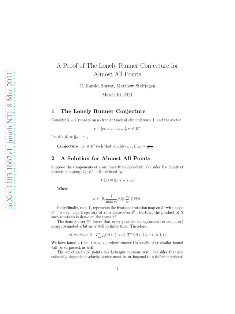 A Proof of Lonely Runner Conjecture For Almost All Points | PDF ...