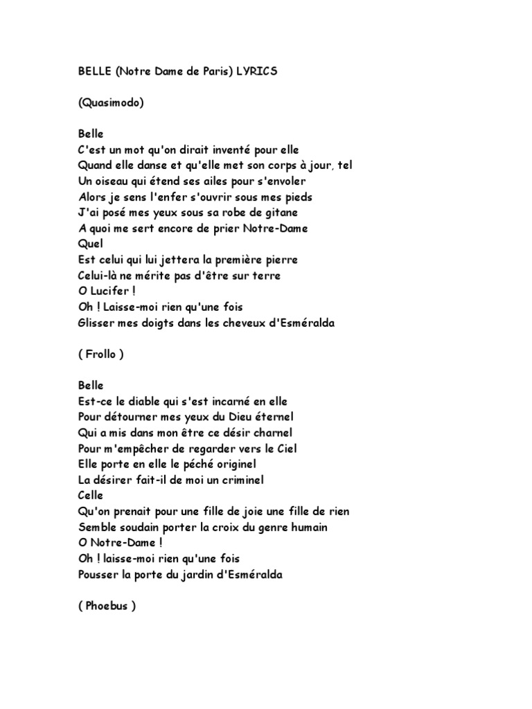 Belle (Notre Dame de Paris) Song Lyrics