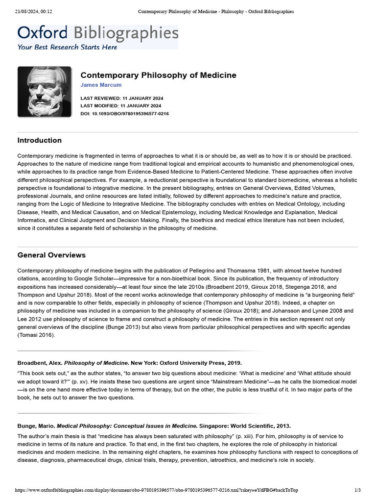 Contemporary Philosophy of Medicine - Philosophy - Oxford ...