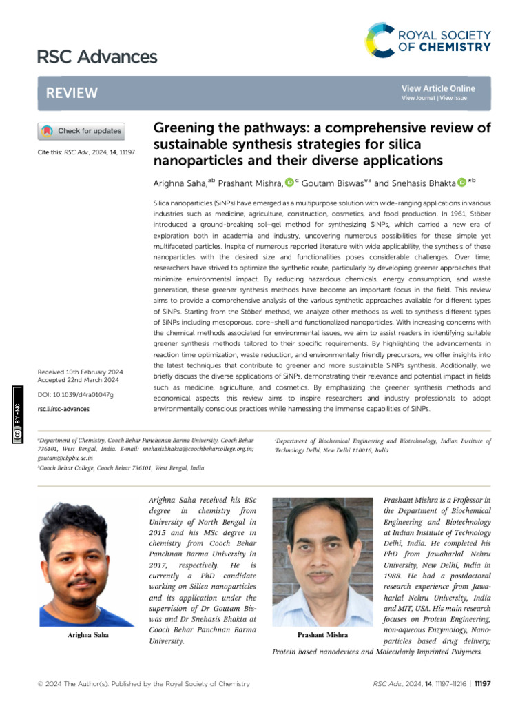 RSC Advances: Review | PDF | Nanoparticle | Organic Synthesis
