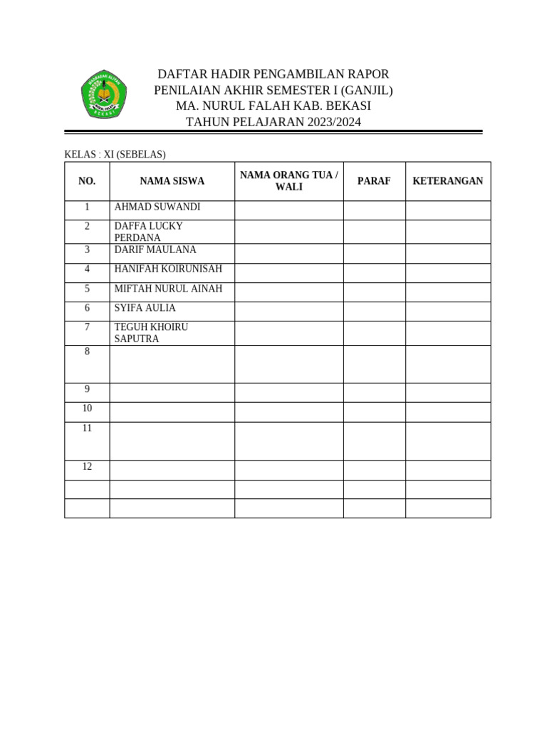 Daftar Hadir Pengambilan Rapor Kelas XI | PDF