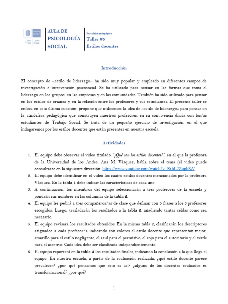 Taller 5 - Estilos Docentes | PDF | Liderazgo | Salón de clases