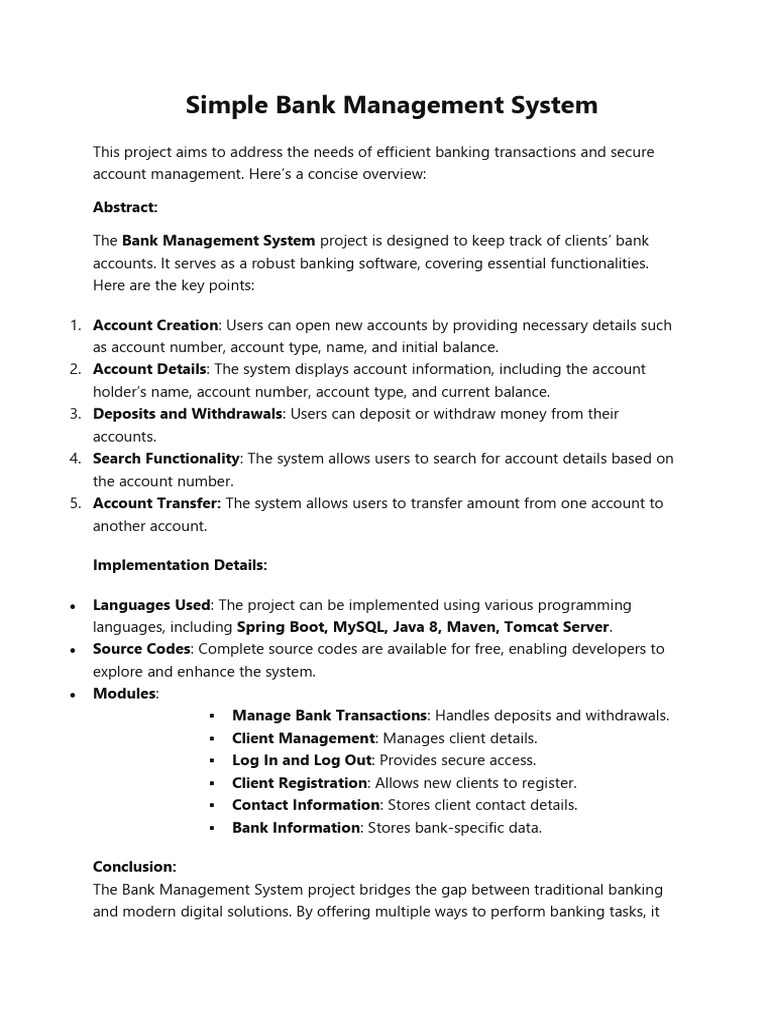 Simple Bank Management System Overview | PDF | Software | Central ...