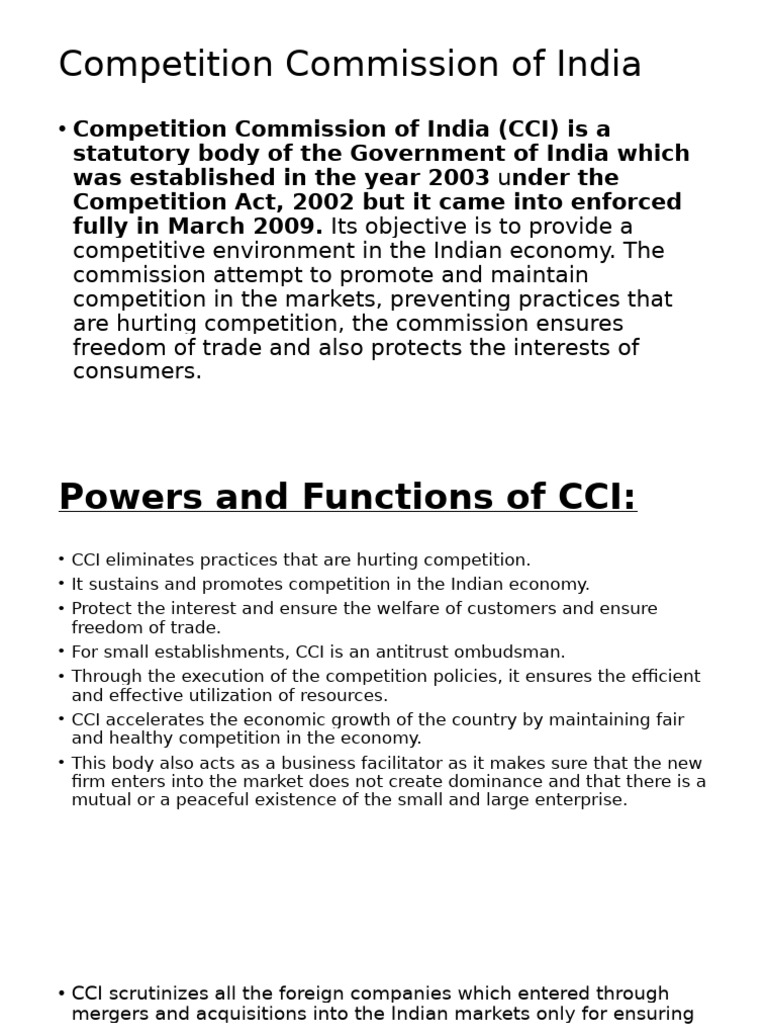 Powers and Functions of CCI in India | PDF | Competition Law ...