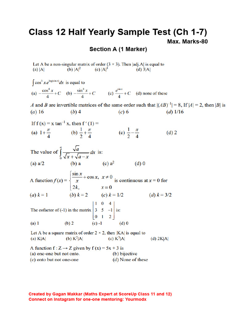 Class 12 Maths Half Yearly Sample Paper | PDF | Teaching Methods ...
