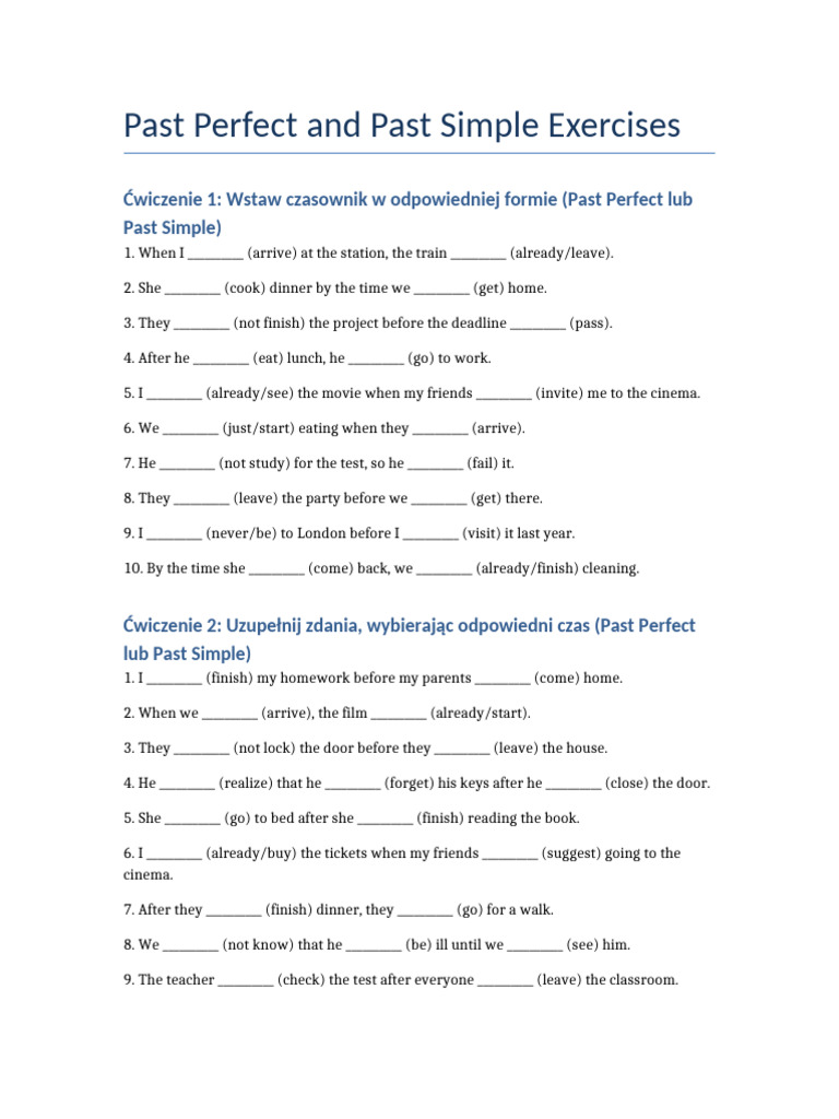 Past Perfect Past Simple Exercises PDF Foreign Language Studies