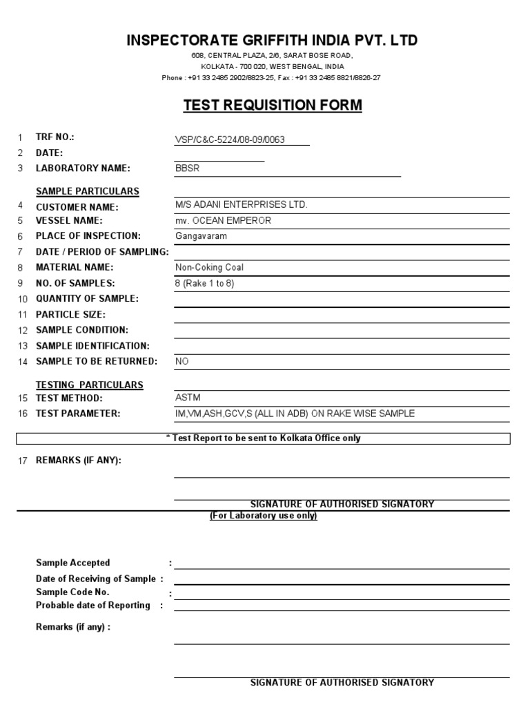 Inspectorate Griffith Test Requisition Form | PDF