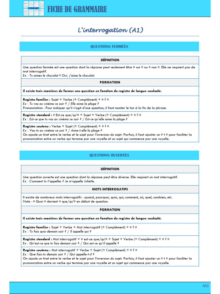 Formation des Questions en Français A1 | PDF | Question | Syntaxe