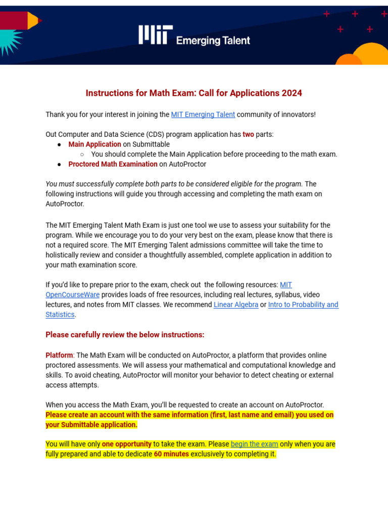 MIT Emerging Talent Math Exam Instructions | PDF | Mathematics | Computing