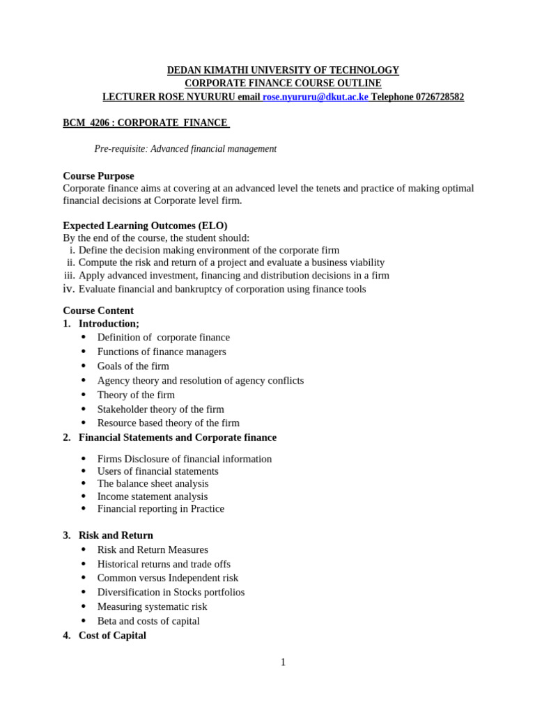 Corporate Finance Course Outline | PDF | Cost Of Capital | Risk