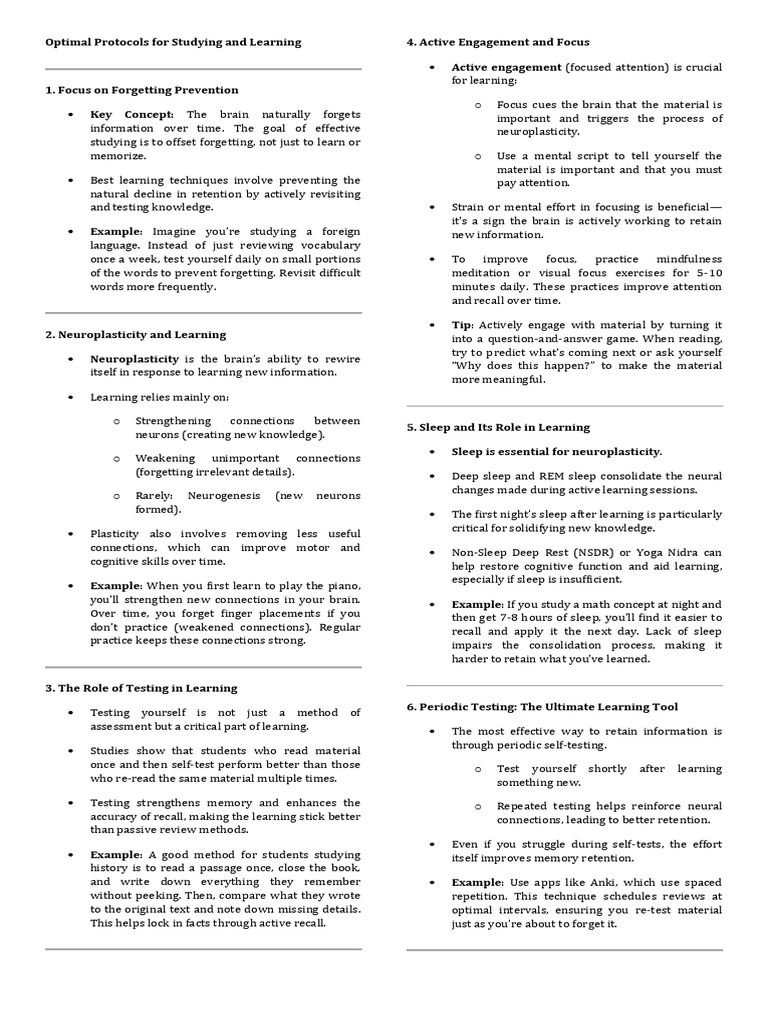 Huberman S Study Techniques Overview Pdf Memory Learning