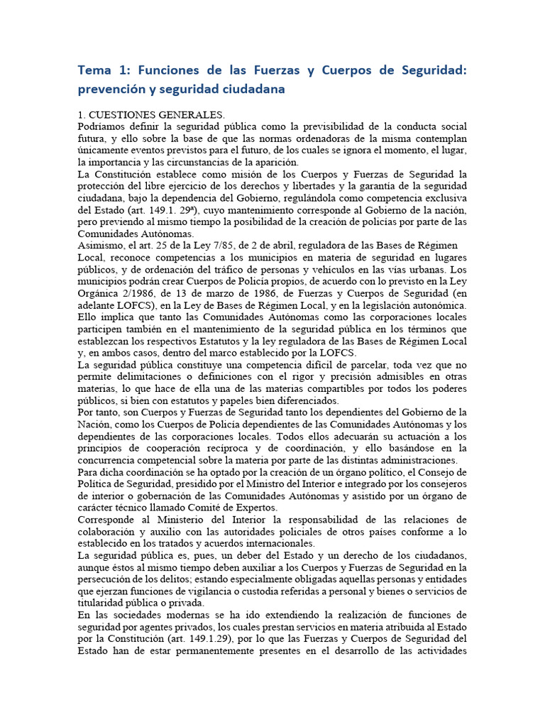 Tema 1 Funciones de Las Fuerzas y Cuerpos de Seguridad Prevencion y ...