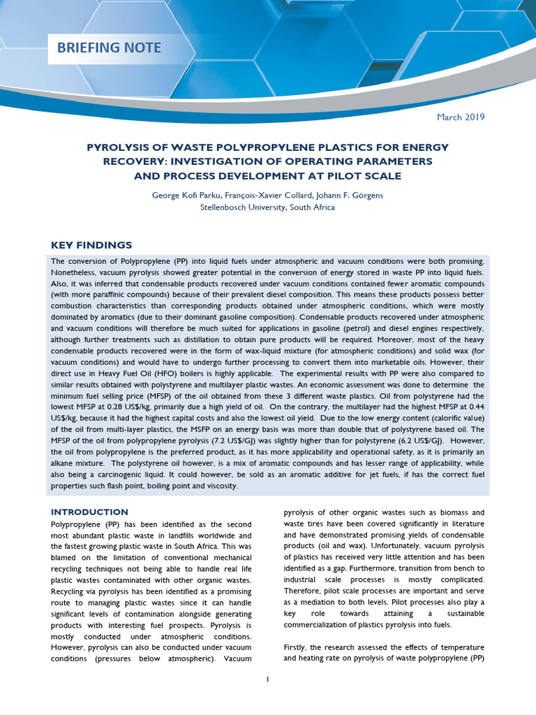 11 SUN Final - Briefing Note - Pyrolysis of Waste Polypropylene | PDF ...