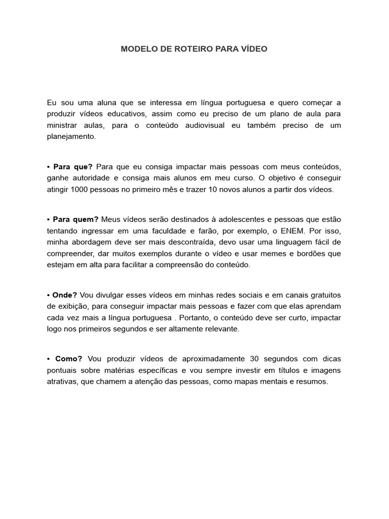 Modelo De Roteiro Para Vídeo Pdf