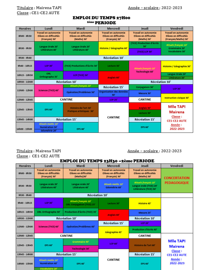 Emploi du temps CE1-CE2 2022-2023 | PDF | Linguistique