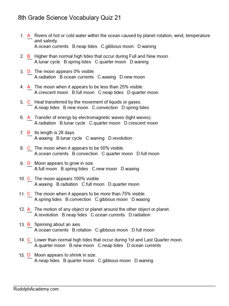 Grade 8 science terms quiz 21 answers pdf