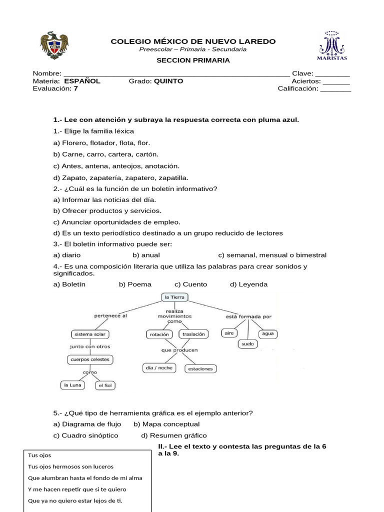 Examen Español Evaluación 7 | PDF | Artes del Lenguaje y Comunicación ...