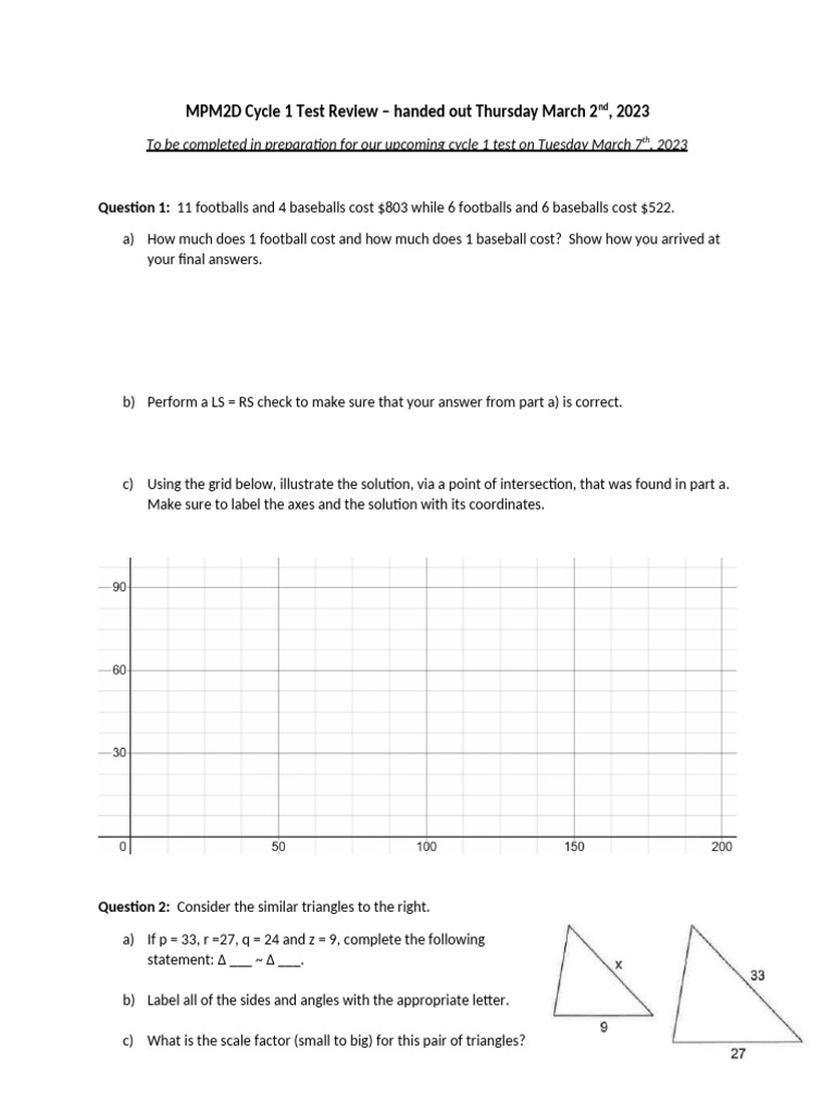 Mpm2d Cycle 1 Test Review Pdf Triangle Elementary Mathematics