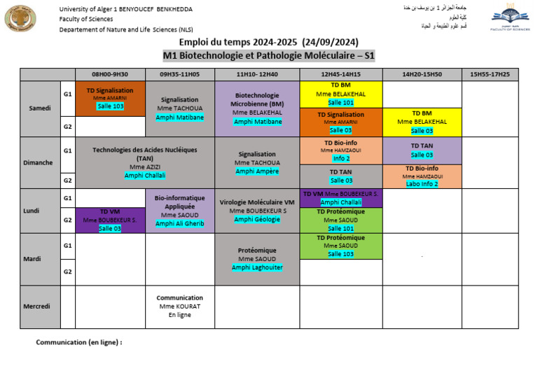 Emploi du temps M1 Biotechnologie 2024-2025 | PDF | Biologie ...