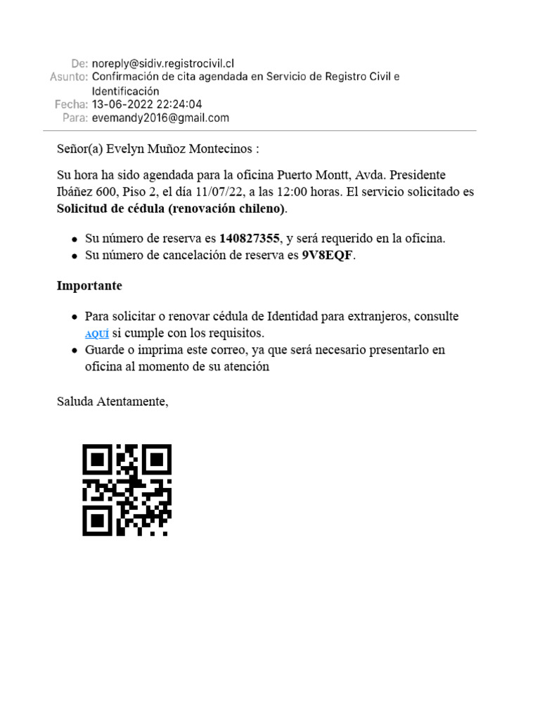 Confirmación de Cita Agendada en Servicio de Registro Civil e ...