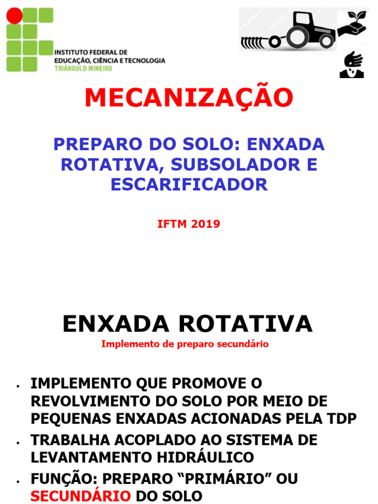 Mecanização do Solo: Enxada Rotativa e Escarificador | PDF | Solo | Arado