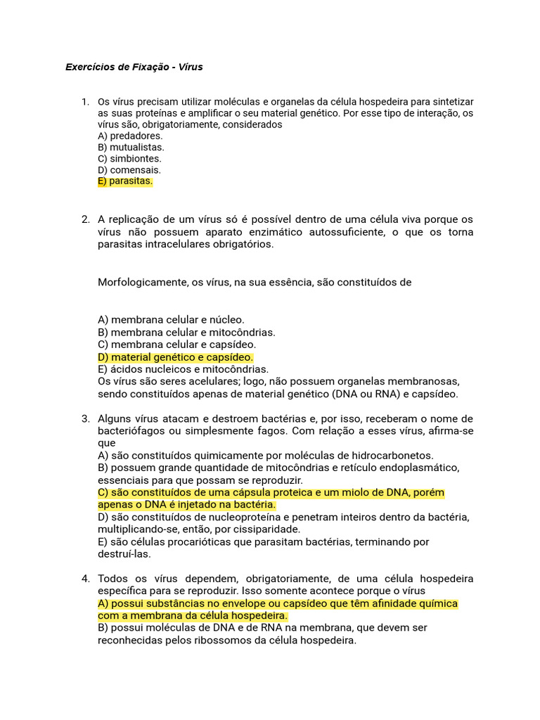Exercícios sobre Estrutura e Função dos Vírus | PDF | Vírus | Célula ...