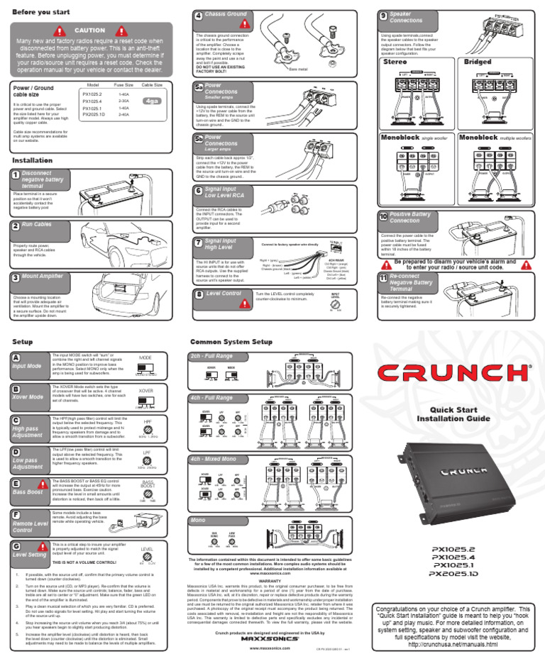 Crunch PowerX Amps PX QSG Rev1 | PDF | Loudspeaker | Amplifier