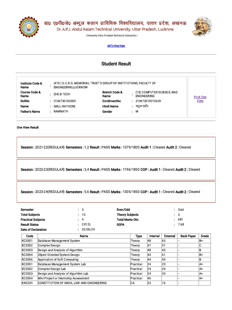 AKTU B.Tech Computer Science Results | PDF | Computing | Software ...