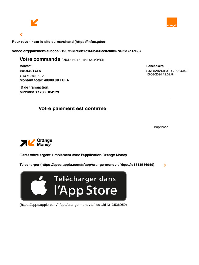 Confirmation de paiement Orange Money | PDF