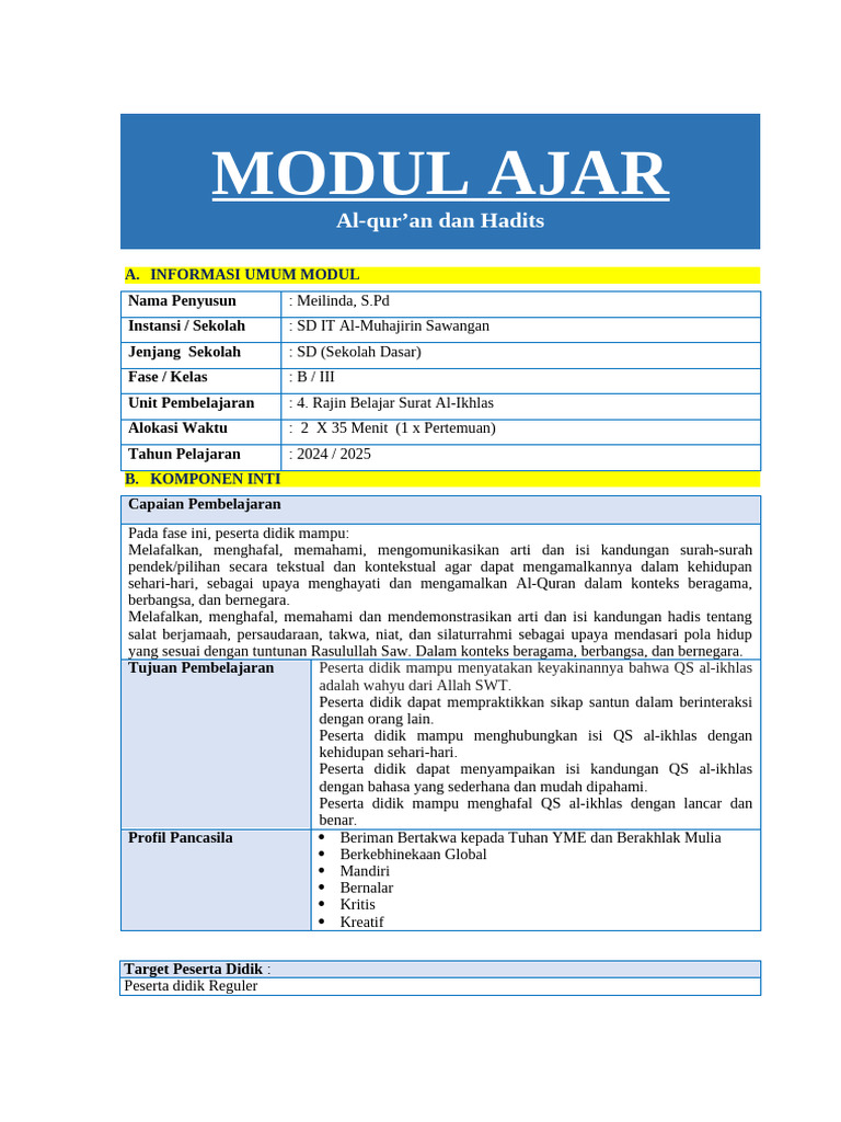 Modul Ajar Quran Hadits Kelas 3 Pdf
