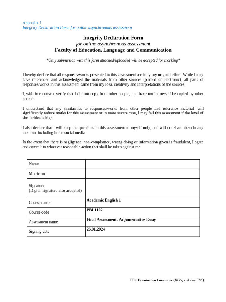 Integrity Declaration Form Appendix 1 Asynchronous Form Ae1 | PDF