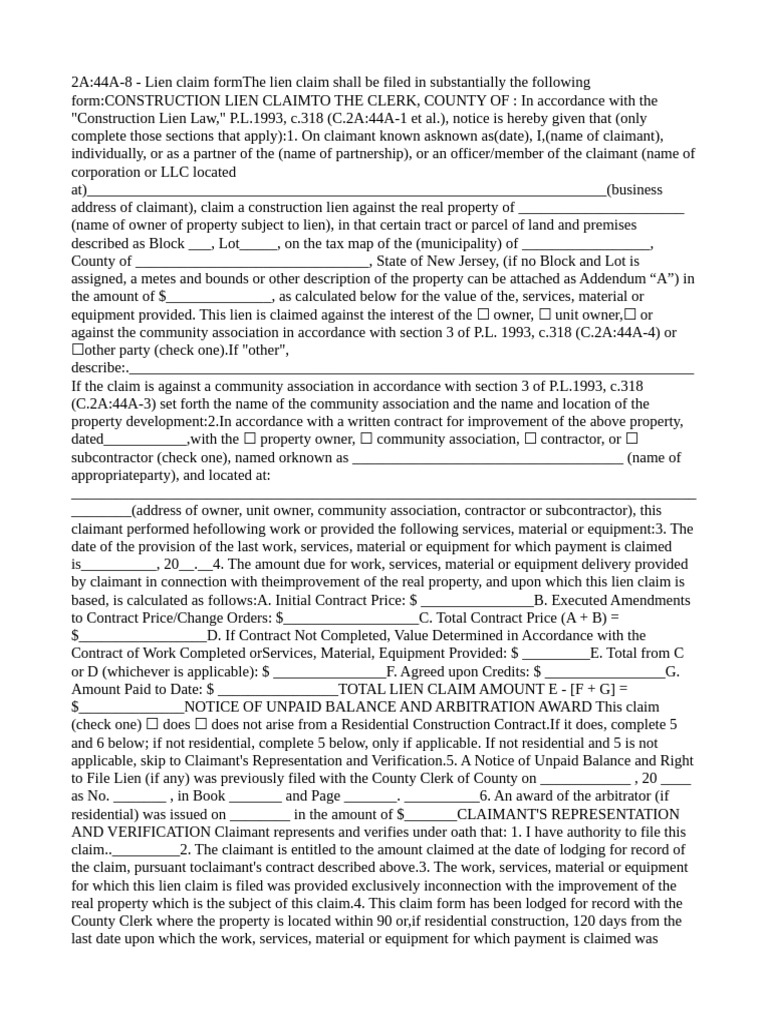 New Jersey Construction Lien Claim Form | PDF | Land Lot | Civil Law ...