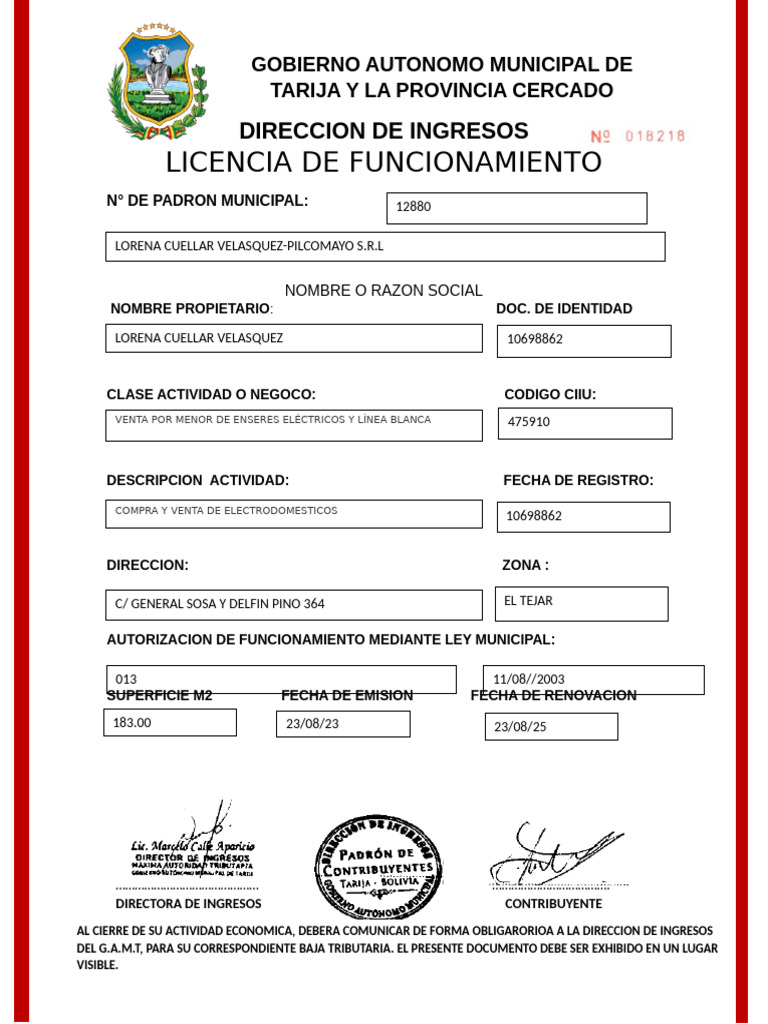 Licencia de Funcionamiento en Tarija | PDF | Derecho